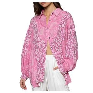 POL Women's Floral Oversized Long Sleeve Tunic Shirt Size Large Pink Paisley